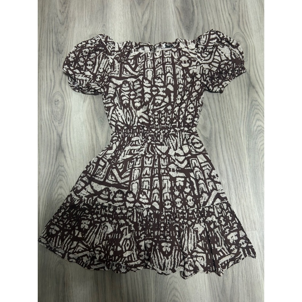Wila‎ Story Womens Abstract Tribal Print Cotton Puff Sleeve Mini Dress XS Brown